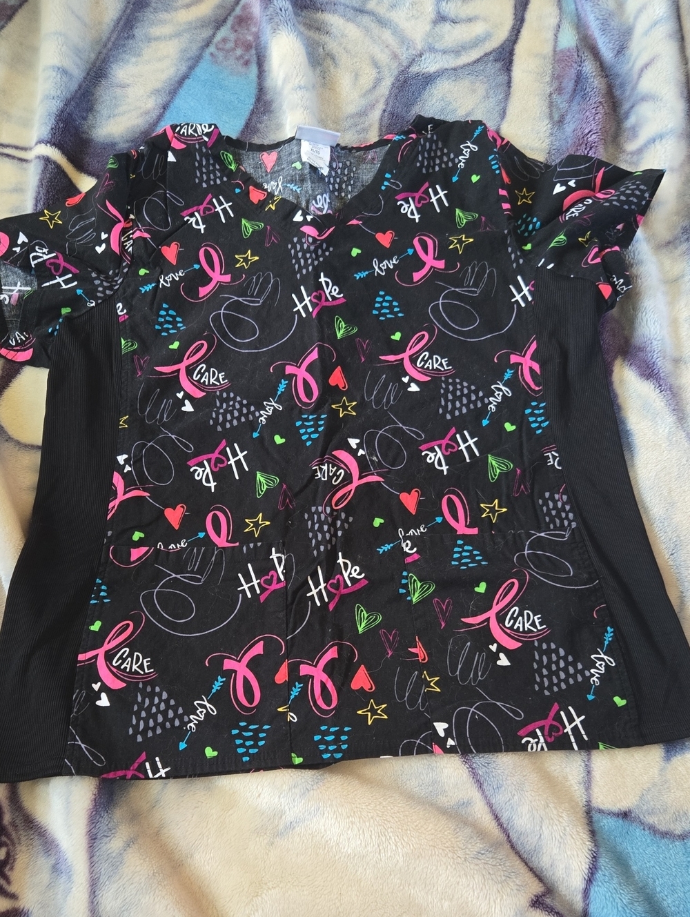 Womans Black Graphic Print Scrub Top with Pink Accent